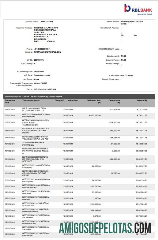 Extrato bancário RBL da Índia para download, modelo Word e PDF, 2 páginas